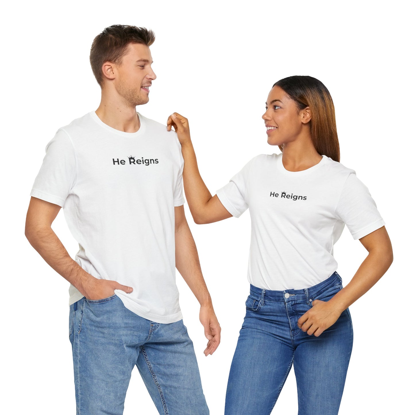 He Reigns Unisex Jersey Tee (black print // other colors available)