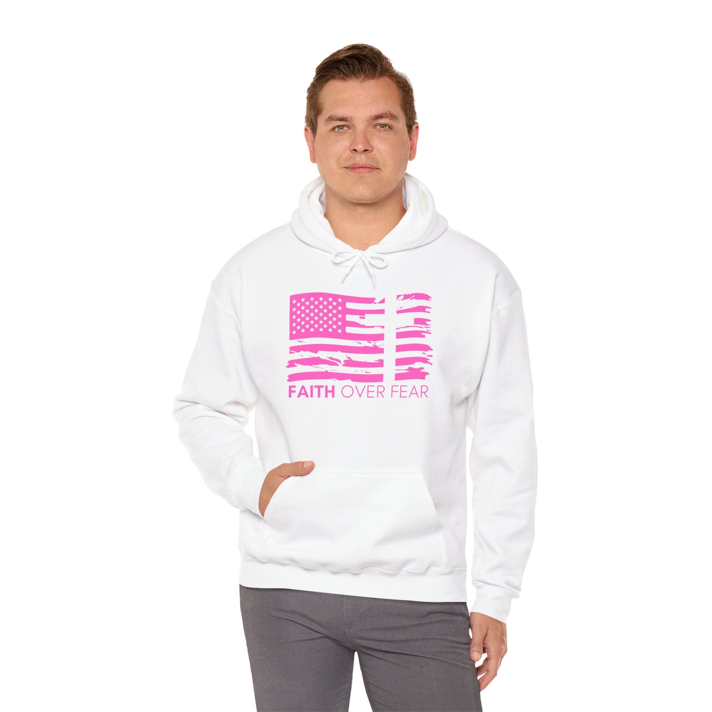 Faith Over Fear//2 Tim. 1:7 Unisex Heavy Blend™ Hooded Sweatshirt (Pink//Front Design)