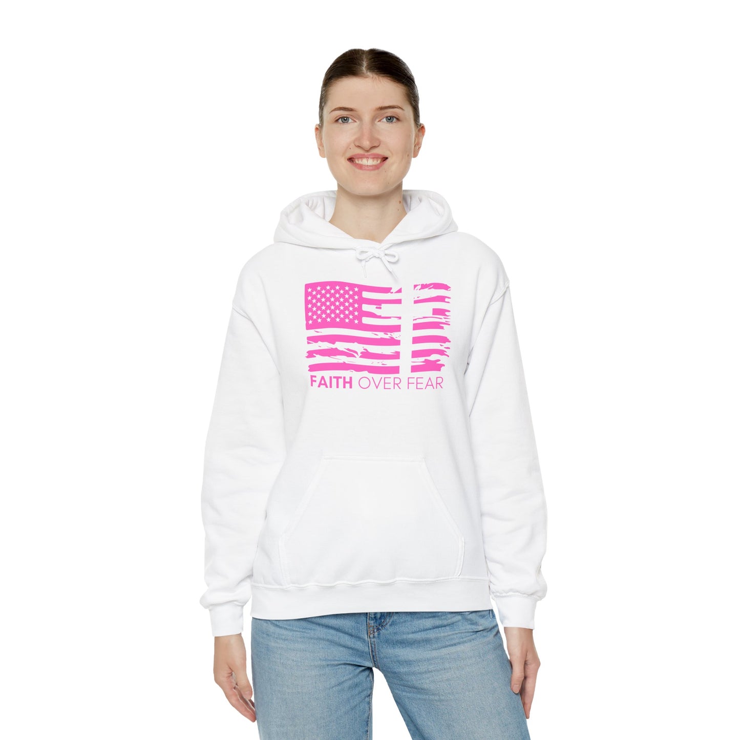 Faith Over Fear//2 Tim. 1:7 Unisex Heavy Blend™ Hooded Sweatshirt (Pink//Front Design)