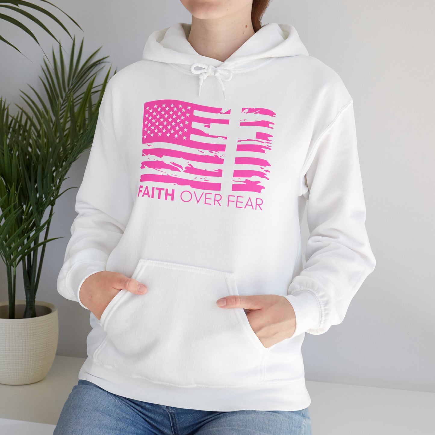 Faith Over Fear//2 Tim. 1:7 Unisex Heavy Blend™ Hooded Sweatshirt (Pink//Front Design)